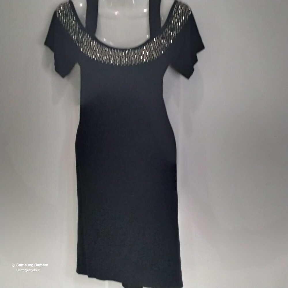 Belldini Black Cold Shoulder Stretch Shift High-Low Rhinestone Dress NWT S
